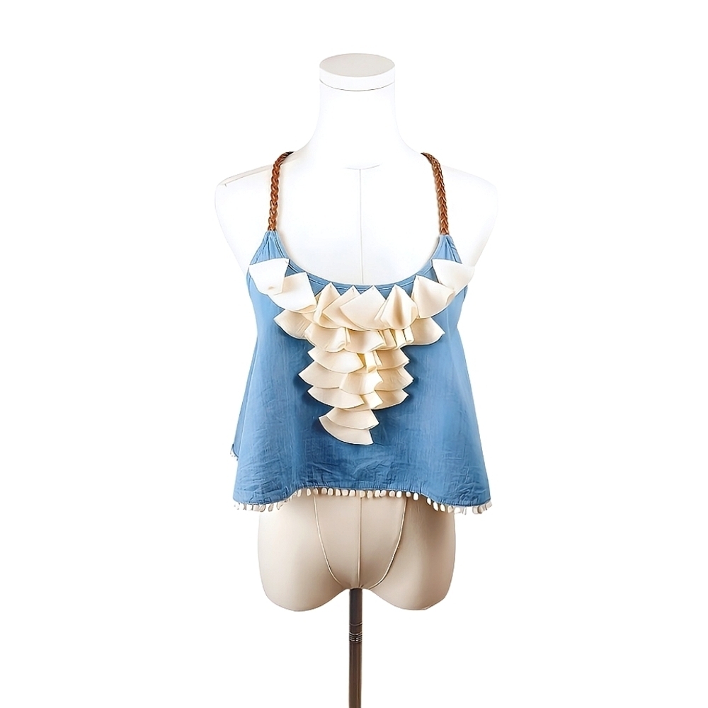 Double Zero Blue Ruffle Cropped Tank Boho Braided Straps Sz S Excellent!
